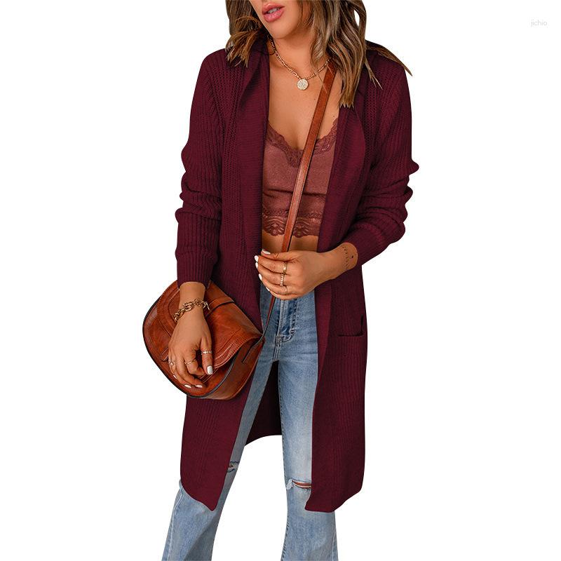 Womens Knits 2023 Fashion Autumn And Winter Solid Color Hooded Jacket Mid-length Shirt Long-sleeved Sweater