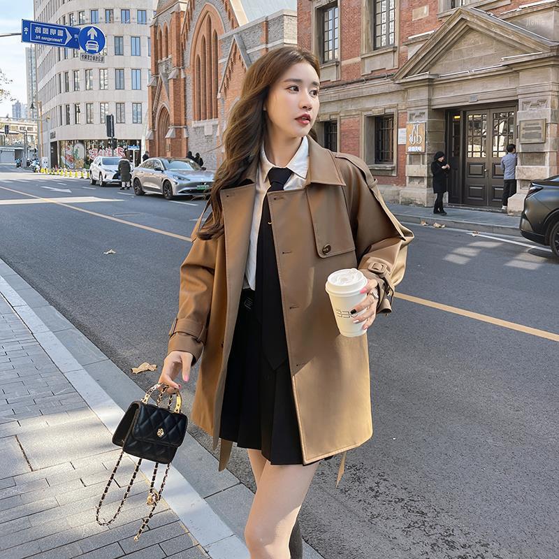 Womens Trench Coats SuperAen PU Leather Windbreaker Spring And Autumn Korean Style Jacket Coat Tops