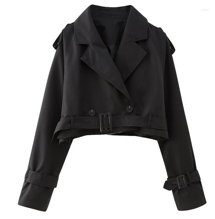 Womens Trench Coats Spring Autumn Long Sleeved Tench Coat With Belt Cropped Loose Short Jackets 5 Colors