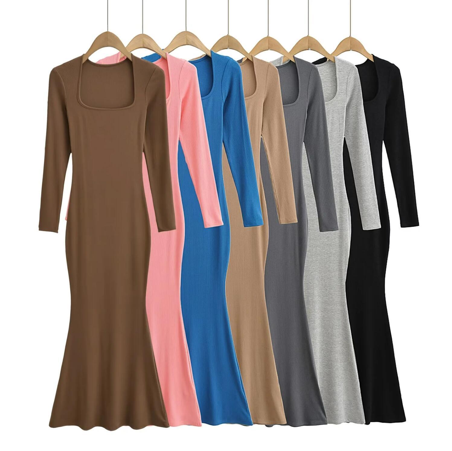 Urban Sexy Dresses Sexy Square Collar Knitted Cotton Maxi Long Mermaid Dress Women Full Sleeve Stretch Basic Bodycon Fishtail Robe Vestido 230918