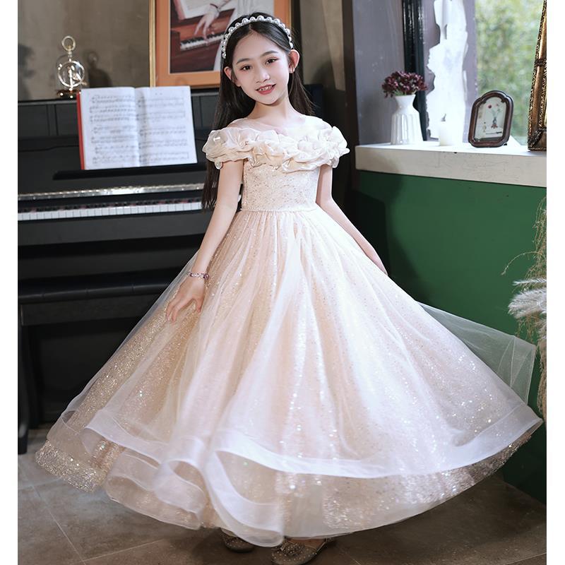 Cute Flower Off Shoulder Appliqued Shiny Bling Girl Cascading Ruffle Birthday Gowns Floor Length Ball Gown Pageant Dresses For Girls 403