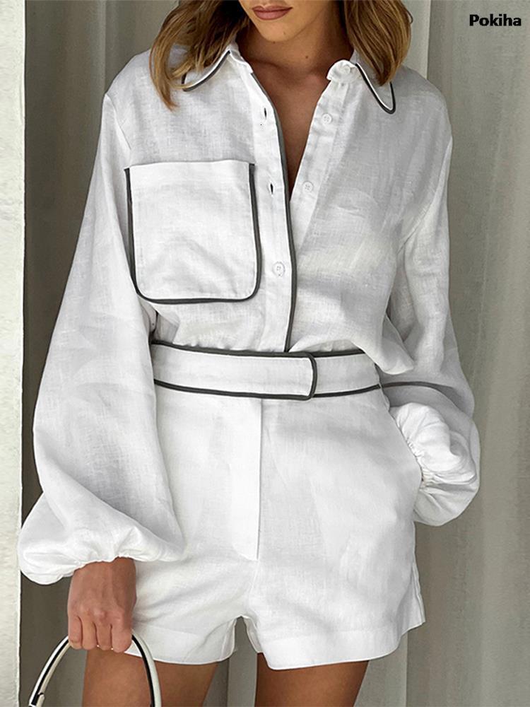 Womens Tracksuits Elegant Summer Patchwork Linen Two Pieces Set Fashion Long Sleeve Casual Loose Blouse T Shirts And Shorts Outfits Chic