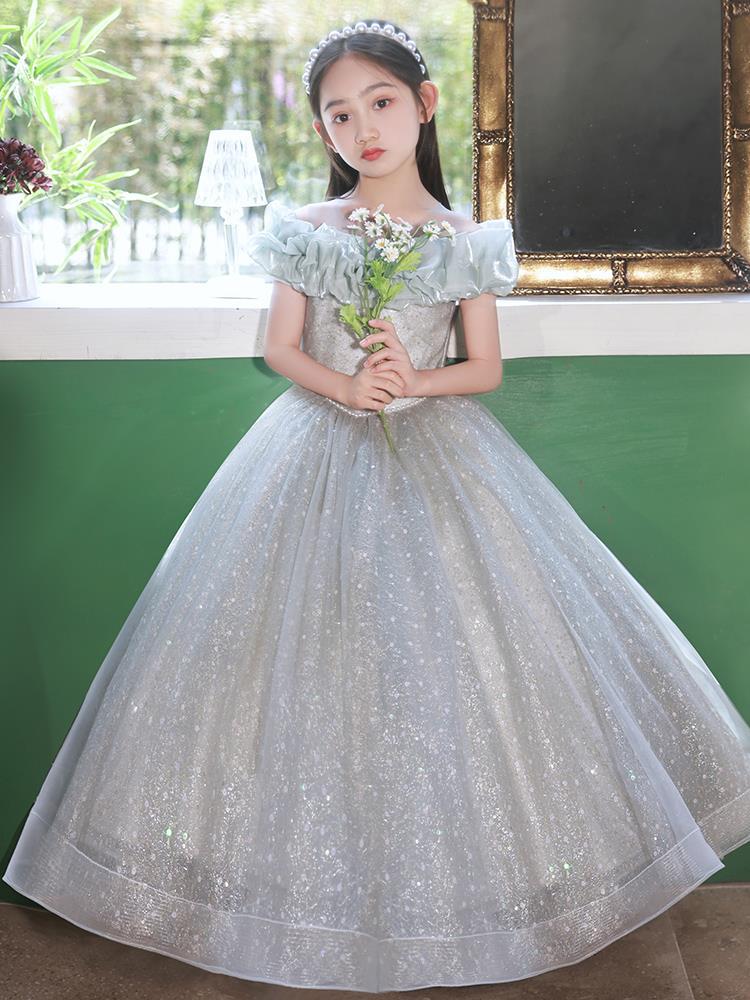 Cute Flower Off Shoulder Appliqued Shiny Bling Girl Cascading Ruffle Birthday Gowns Floor Length Ball Gown Pageant Dresses For Girls 403
