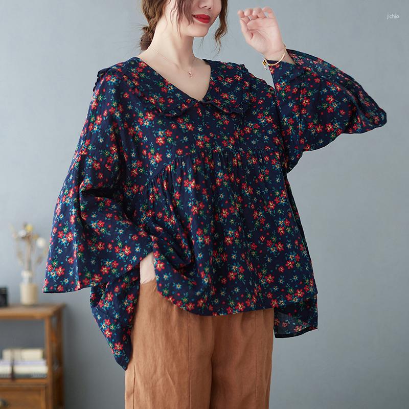 Womens T Shirts 2023 Print Floral Chic Girls Summer Loose Tops Sailor Collar Patchwork Women Casual T-shirt Blouse