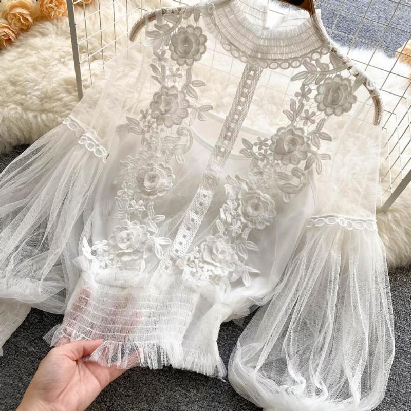 Womens Blouses Women Party Shirt Flower Applique See-through Mesh Lantern Sleeve Lace Shirring Elastic Cuff Round Neck Lady Fall Blouse