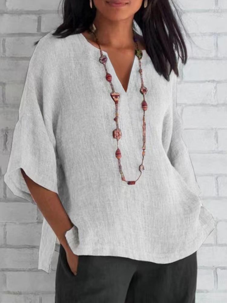 Womens Blouses Elegant Tops Shirt Cotton Linen V-Neck Bat Short Sleeve Casual Loose Blouse Pullover Blusas Mujer De Moda 2024 Chemisier
