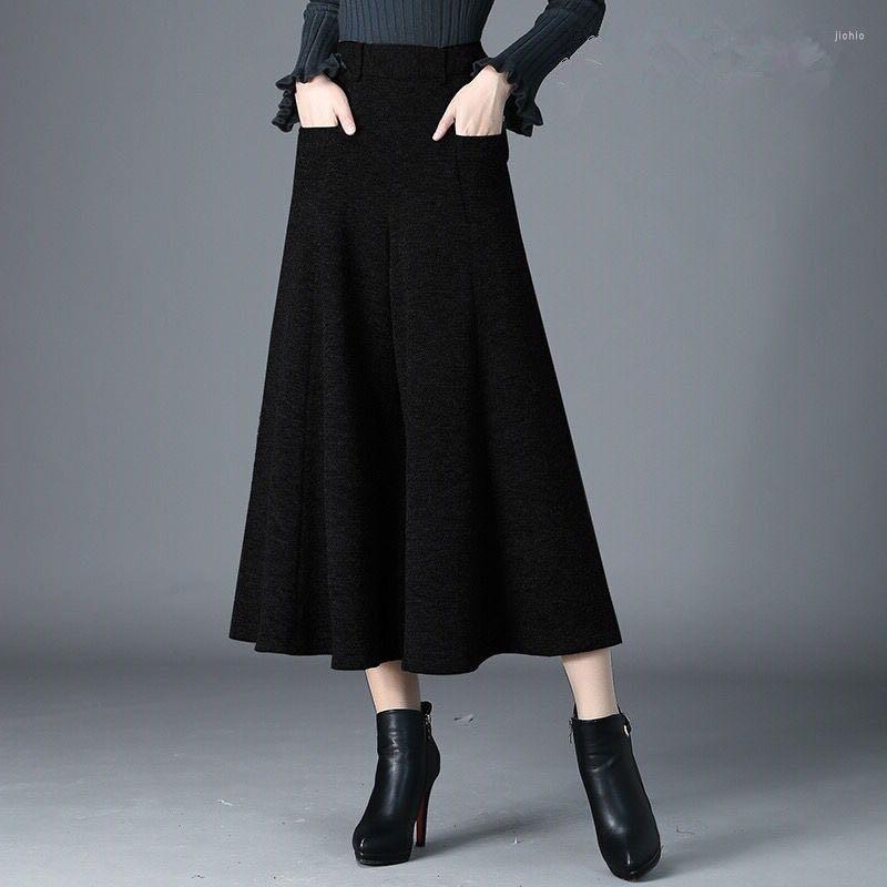 Womens Pants Women Winter Woolen Wide Leg Baggy Dress Wool Gray Black Calf Length Cropped Elegant RH581