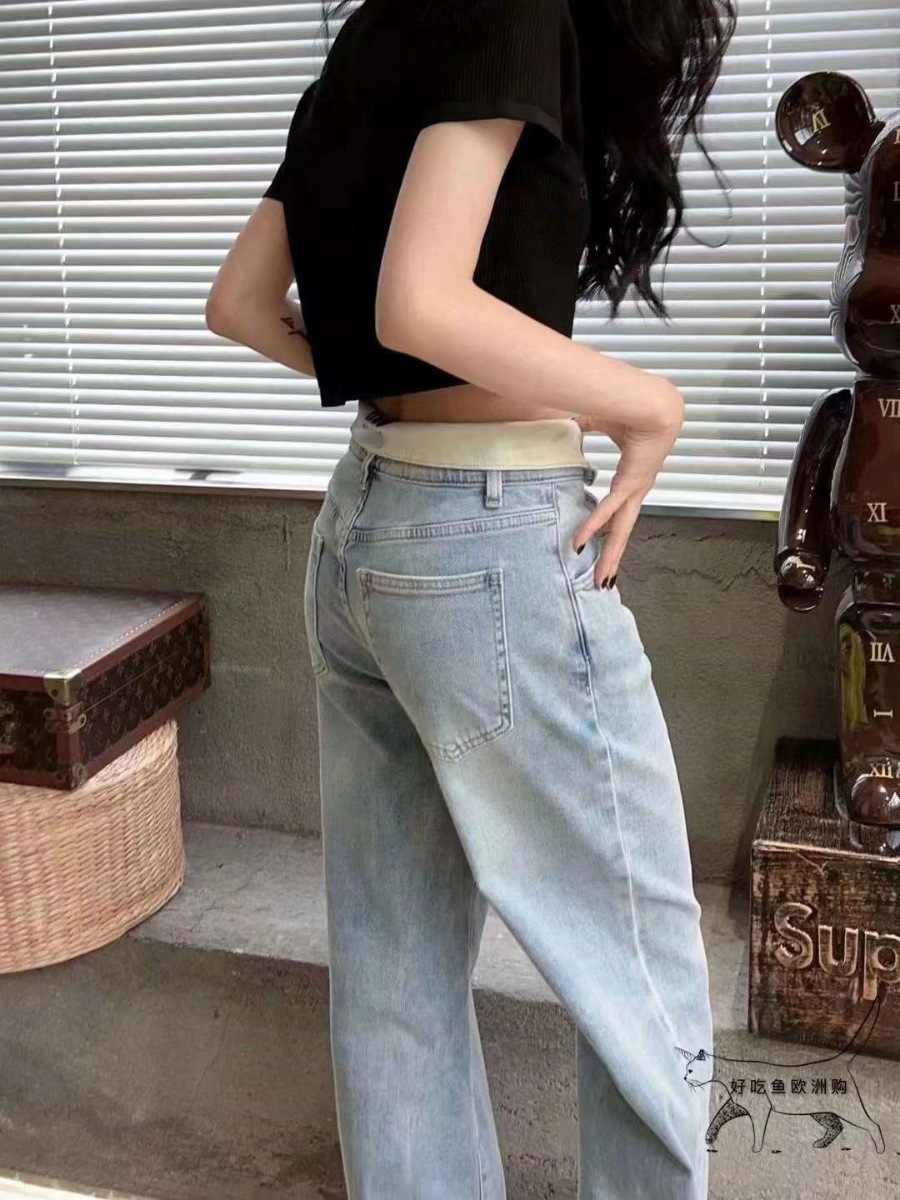 Womens designer high waisted skinny jeans with white lapel letter design and straight length Denim pants Free shipping