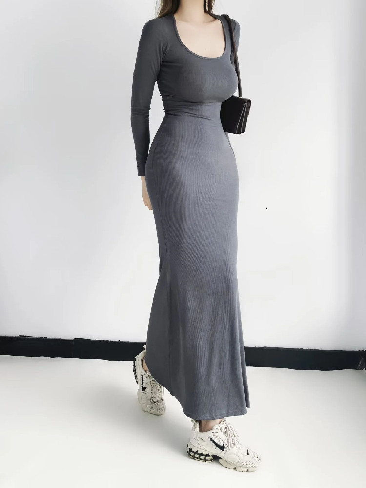 Urban Sexy Dresses Sexy Square Collar Knitted Cotton Maxi Long Mermaid Dress Women Full Sleeve Stretch Basic Bodycon Fishtail Robe Vestido 230918