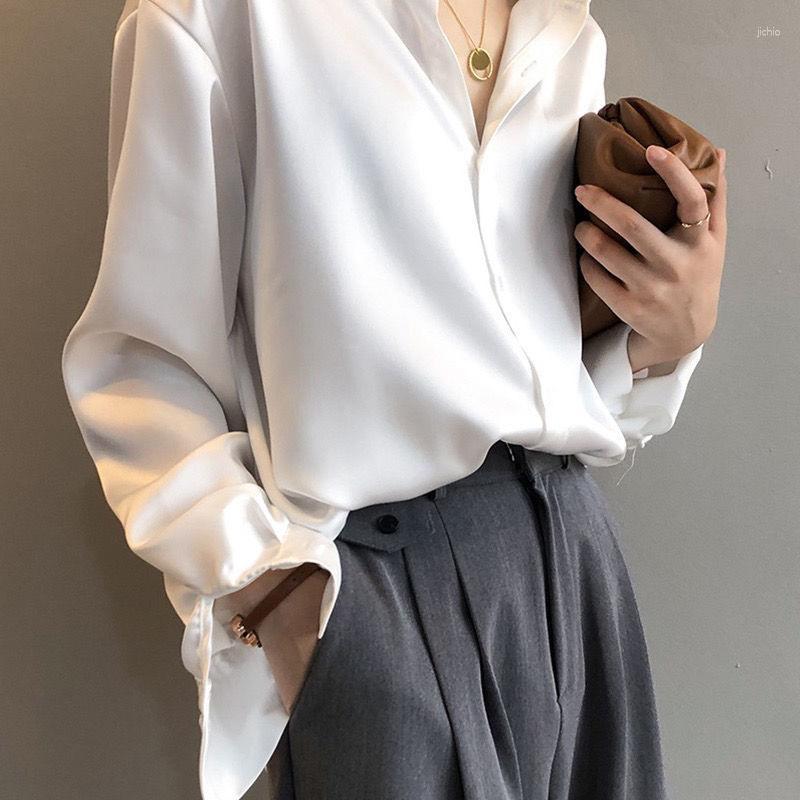 Womens T Shirts Satin Women Vintage Korean Style Long Sleeve Cardigan Oversized Office Lady Chic Elegant Blouse