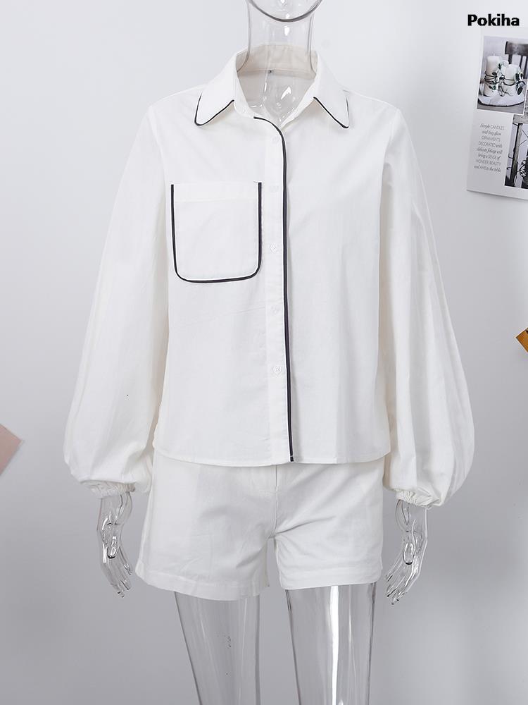 Womens Tracksuits Elegant Summer Patchwork Linen Two Pieces Set Fashion Long Sleeve Casual Loose Blouse T Shirts And Shorts Outfits Chic