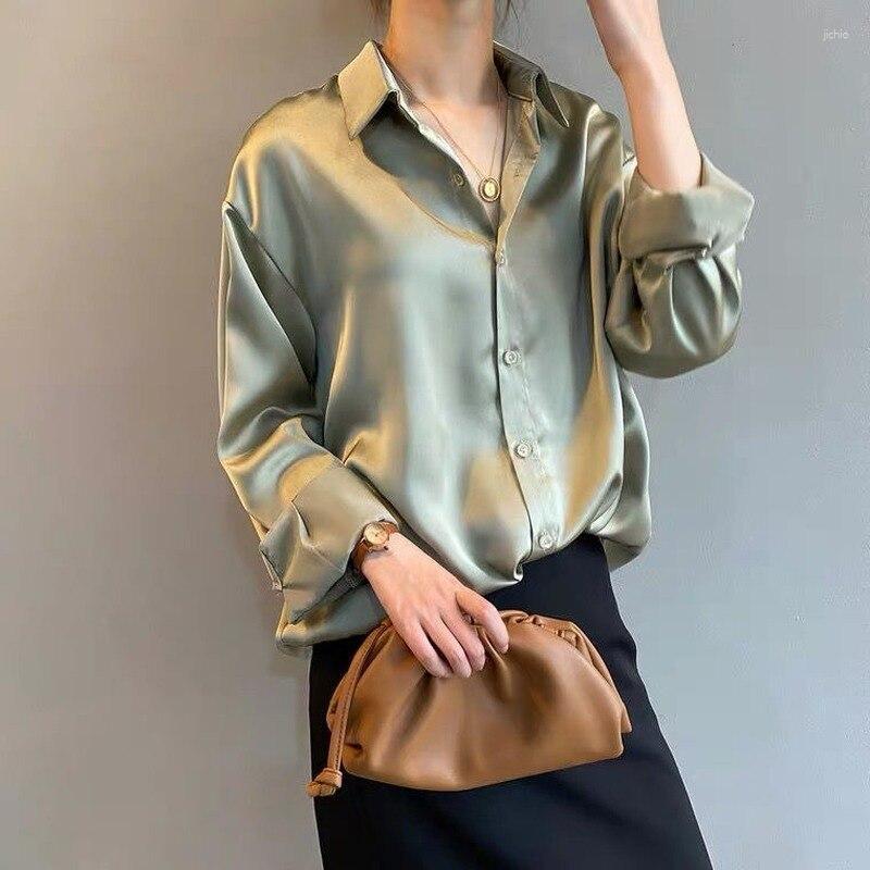 Womens T Shirts Satin Women Vintage Korean Style Long Sleeve Cardigan Oversized Office Lady Chic Elegant Blouse