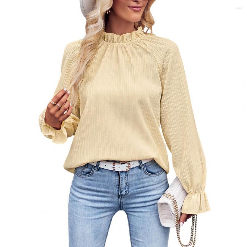 Womens Blouses Women Shirt T-shirt Chic Streetwear Loose Fit Pleated Blouse With Ruffle Cuffs Autumn Winter Solid Color Casual