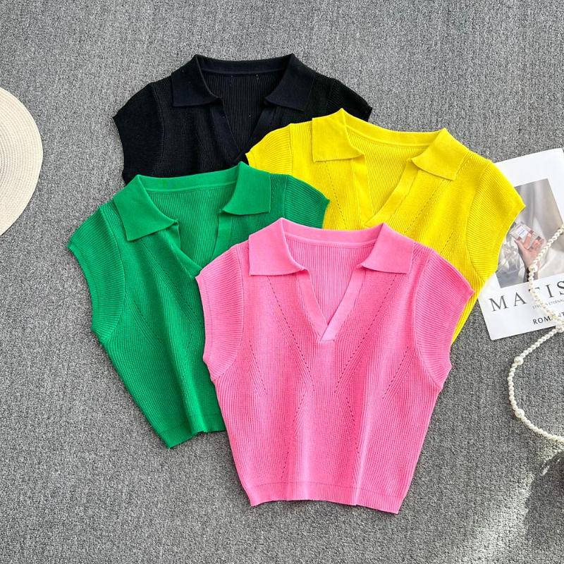 Womens T Shirts Summer Knitted Short Sleeve Hollow Out Thin Cropped Tshirt Crop Top For Slim Girls