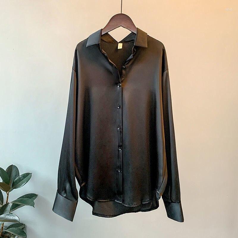 Womens T Shirts Satin Women Vintage Korean Style Long Sleeve Cardigan Oversized Office Lady Chic Elegant Blouse