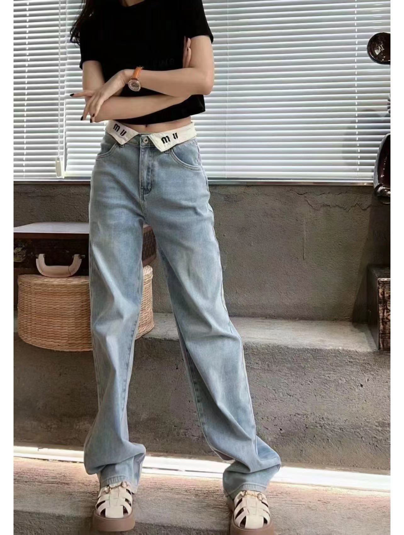 Womens designer high waisted skinny jeans with white lapel letter design and straight length Denim pants Free shipping