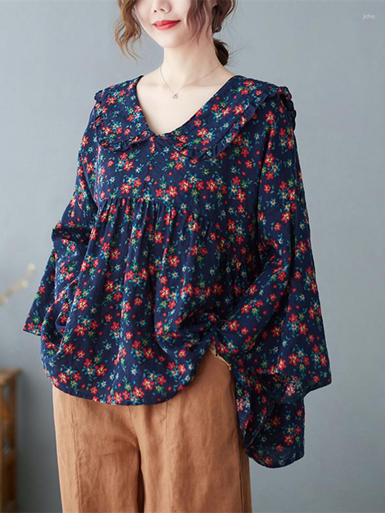 Womens T Shirts 2023 Print Floral Chic Girls Summer Loose Tops Sailor Collar Patchwork Women Casual T-shirt Blouse