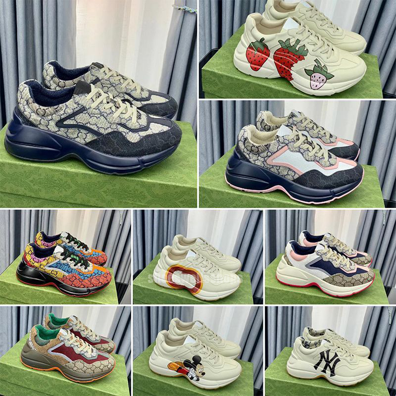 Rhyton Sneakers Ladies Shoe Trainers Luxury Designer Vintage Chaussures Fashion Shoeswave Mouth Sneaker Beige Men Women gucciliness shoes