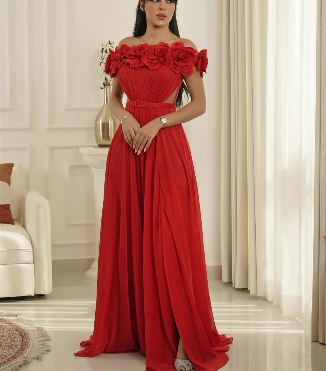 Elegant Long Red Chiffon Evening Dresses With Flowers A-Line Pleats Floor Length Zipper Back Prom Dresses Robe De Soiree Formal Party Gown for Women