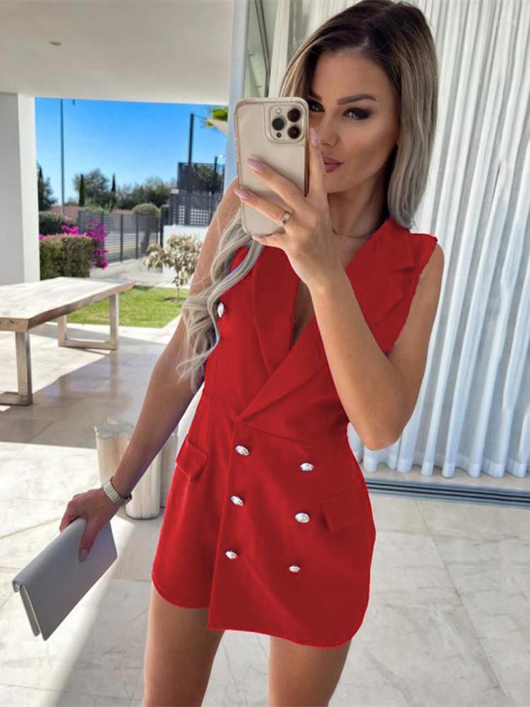 Casual Dresses Summer Solid Women Sheath Dress Elegant Turn-Down Collar Sleeveless Bodycon Office OL Mini Blazer Vestidos