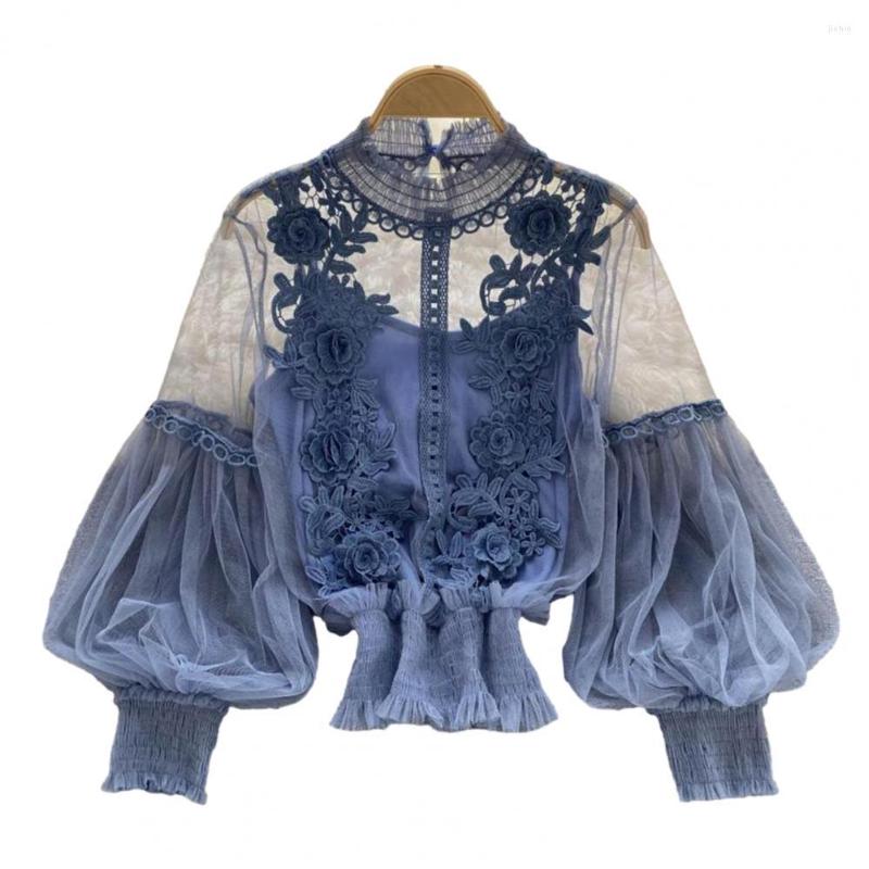 Womens Blouses Women Party Shirt Flower Applique See-through Mesh Lantern Sleeve Lace Shirring Elastic Cuff Round Neck Lady Fall Blouse