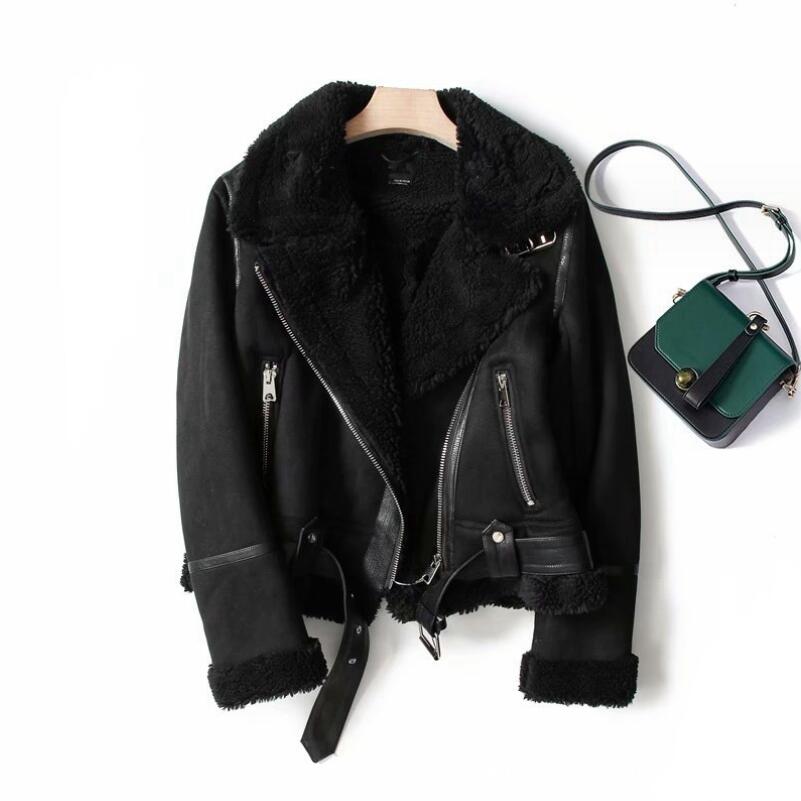Winter Women's Leather Jacket Short Motorcycle Brown Coats Faux Shearling Sheepskin Jackets Outwear Winter Women Thick Warm Suede Lamb