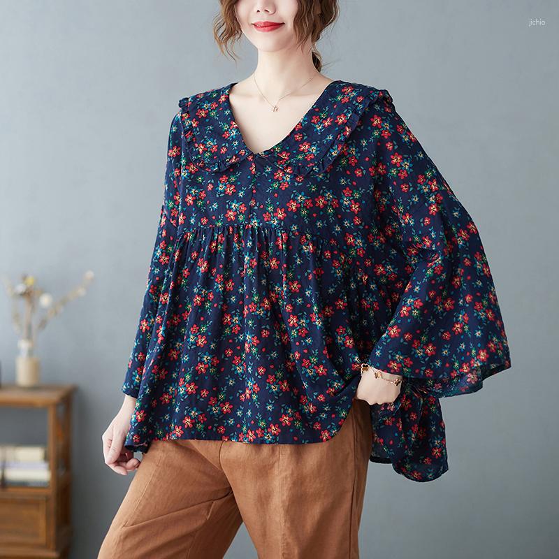 Womens T Shirts 2023 Print Floral Chic Girls Summer Loose Tops Sailor Collar Patchwork Women Casual T-shirt Blouse