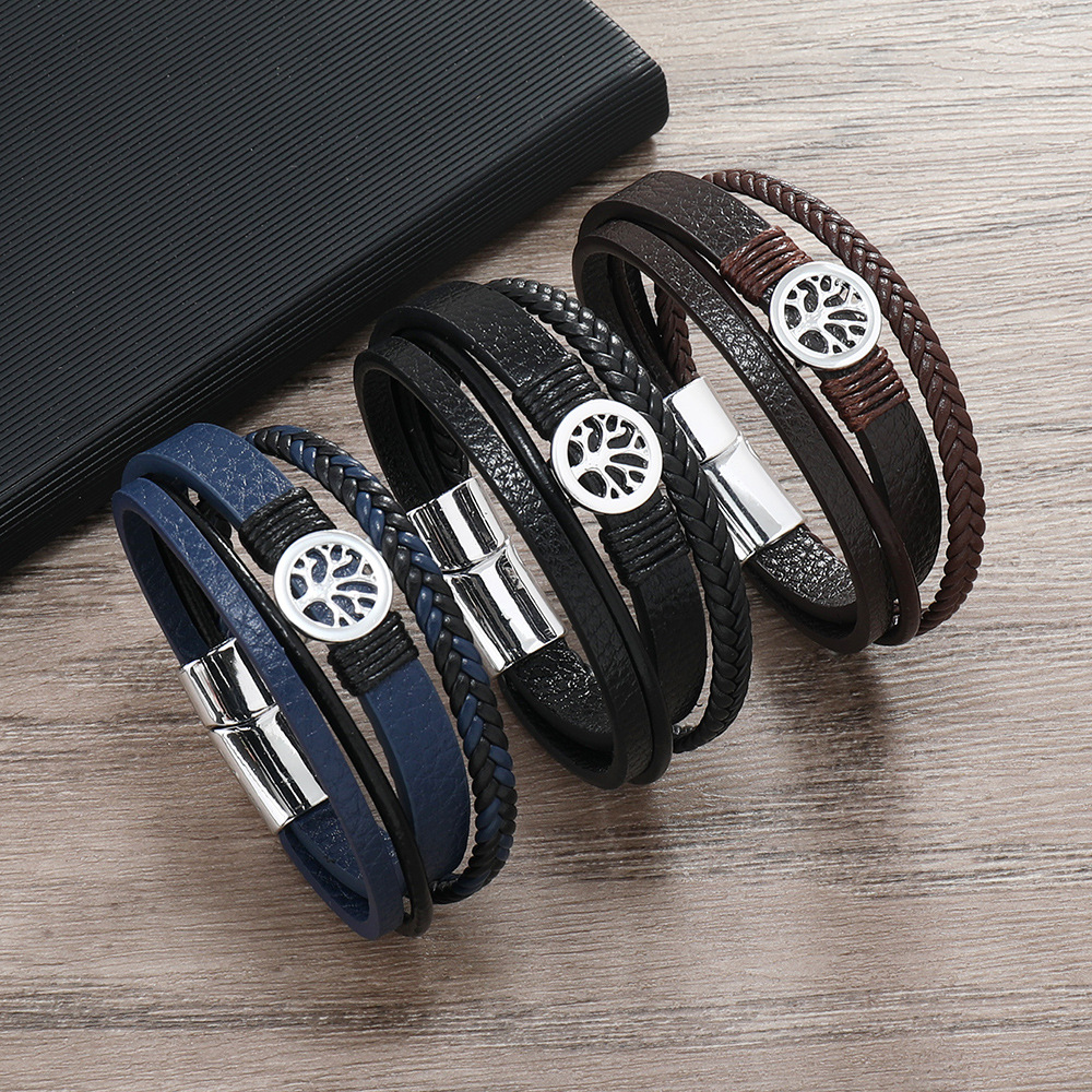 Classic Multi Layered Leather Bracelet Life Tree Charm Cuff Bracelets Jewelry for Gift