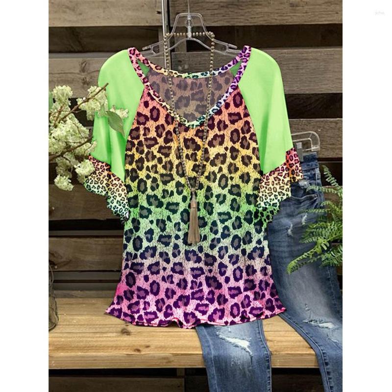 Womens T Shirts Womens Tops And Blouses Women Fashion V-neck Leopard Print Ruffles Half Sleeve Printing Top Blouse Blusas Mujer De Moda