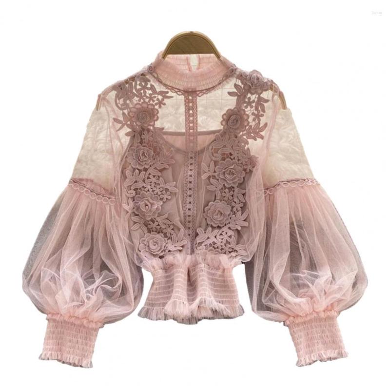 Womens Blouses Women Party Shirt Flower Applique See-through Mesh Lantern Sleeve Lace Shirring Elastic Cuff Round Neck Lady Fall Blouse