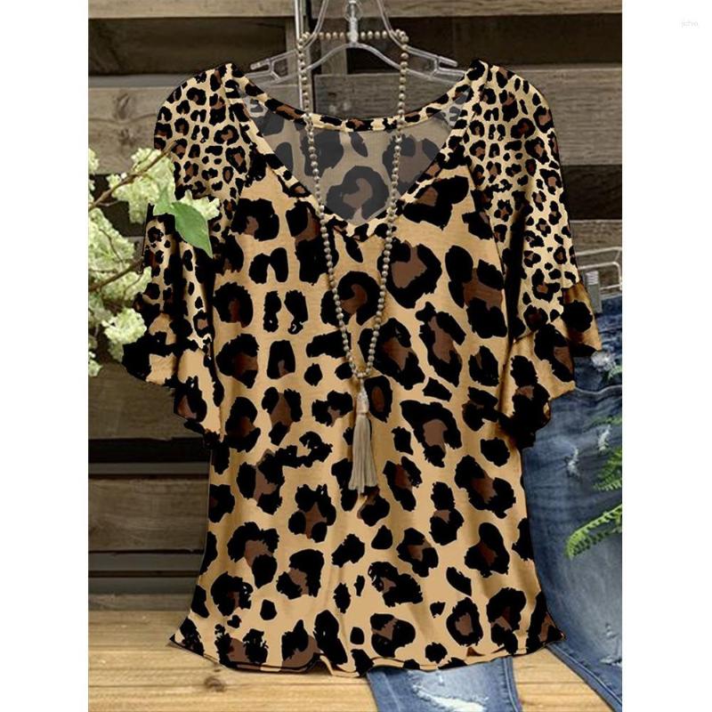 Womens T Shirts Womens Tops And Blouses Women Fashion V-neck Leopard Print Ruffles Half Sleeve Printing Top Blouse Blusas Mujer De Moda