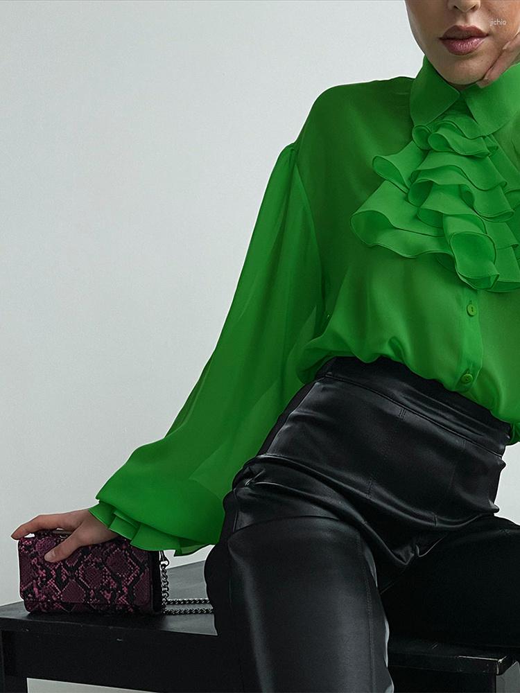 Womens Blouses Patchwork Ruffle Shirt For Female Lapel Long Sleeve Loose Straight Casual Women 2024 Spring Clothing Fashion N807