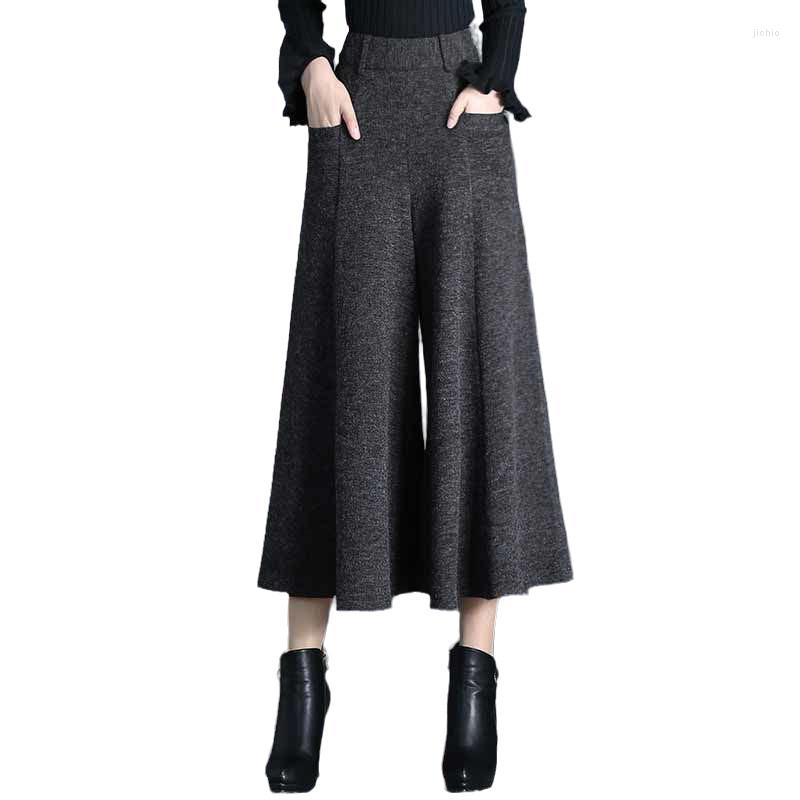 Womens Pants Women Winter Woolen Wide Leg Baggy Dress Wool Gray Black Calf Length Cropped Elegant RH581