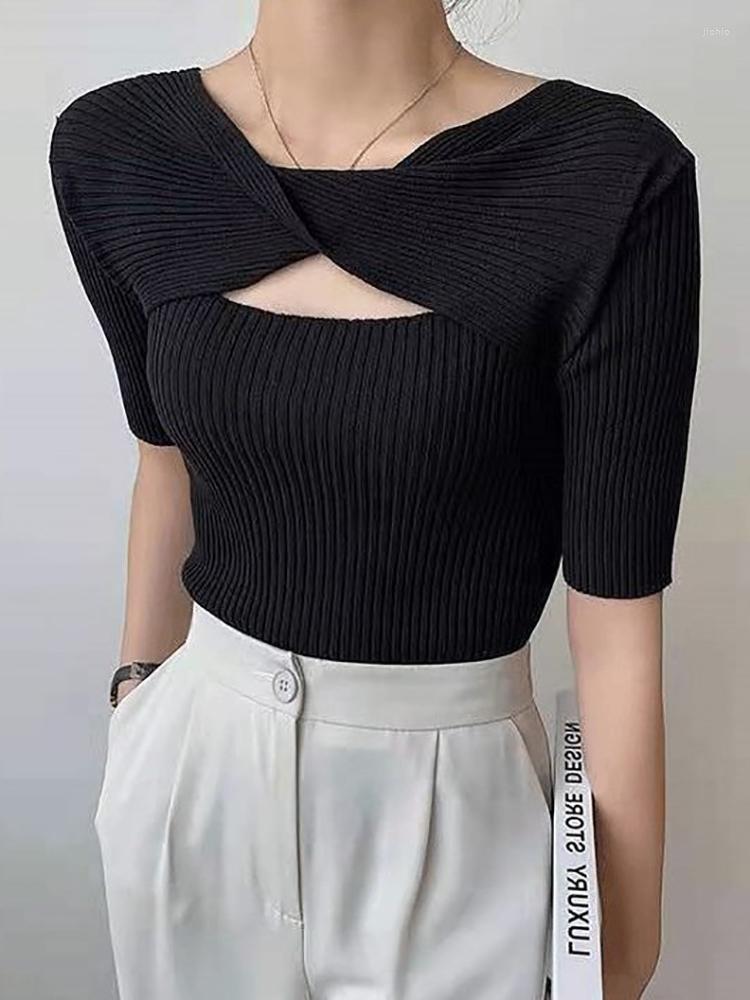 Womens T Shirts Hollow Out Thin Knitted Shirt Women Tshirt Short Sleeve Tee 2023 Summer T-Shirt Wear Both Front And Back Womens Clothing