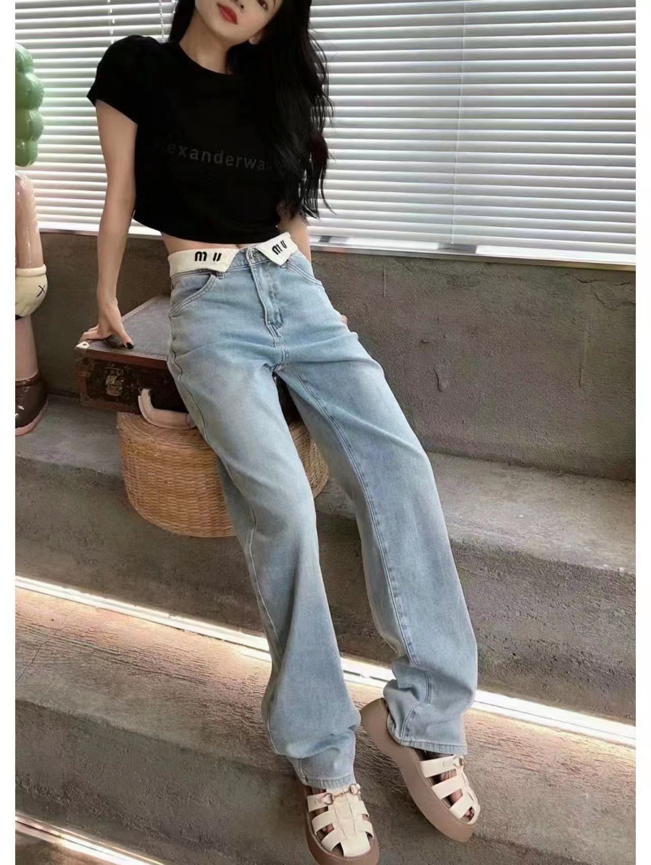 Womens designer high waisted skinny jeans with white lapel letter design and straight length Denim pants Free shipping