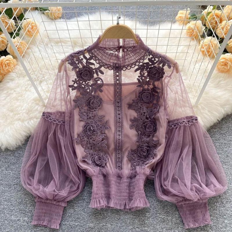 Womens Blouses Women Party Shirt Flower Applique See-through Mesh Lantern Sleeve Lace Shirring Elastic Cuff Round Neck Lady Fall Blouse