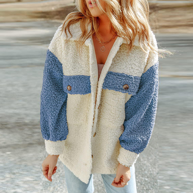 Women's Wool Blends Women Warm Plush Jacket Autumn Winter Casual Patchwork Button Long Sleeve Outwear Ladies Turndown Collar Sweatshirt Coat Clot