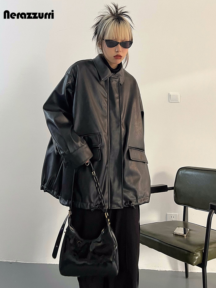 Black Faux Leather Jacket For Women - Oversized & Casual Spring/Autumn Zip-Up