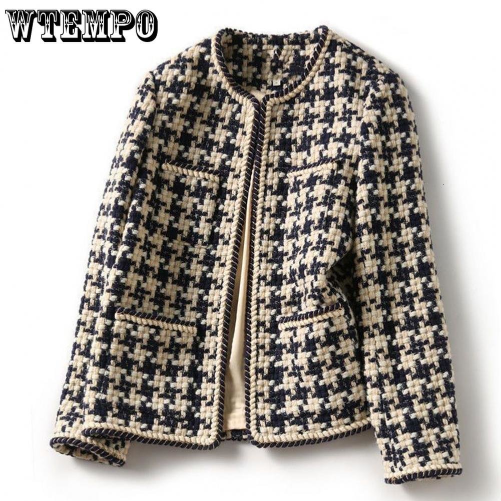 Women's Jackets WTEMPO Vintage Early Autumn Tweed Women Jacket Elegant Grid Lady Winter Cardigan Open Front Plaid Outwear 230919