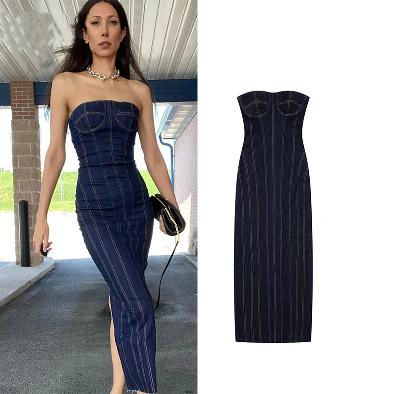 Basic Casual Dresses TRAF 2023 Women Tube Top Elastic Tight Dress Summer Backless Sexy Evening Denim Midi Party 230919