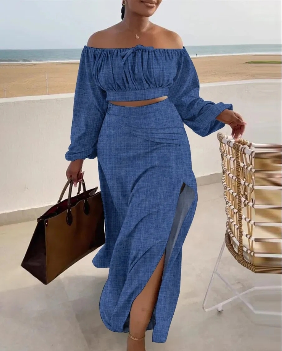 Two Piece Dress Autumn Elegant Two Piece Set Women Fashion Beach Style Print Slash Neck Top Split Skirt Two Piece Set Women 230918