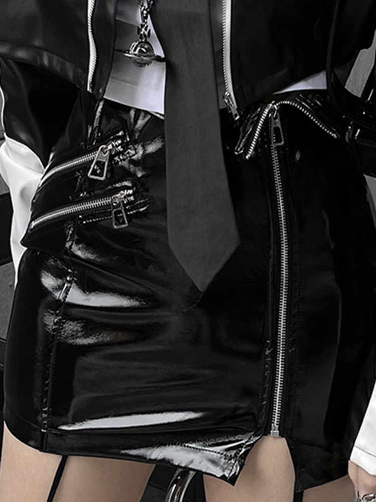 Women's Jackets Nerazzurri Spring Summer Short White and Black Patchwork Shiny Patent Leather Jacket Women Adult's Womens Pu Leather Cropped