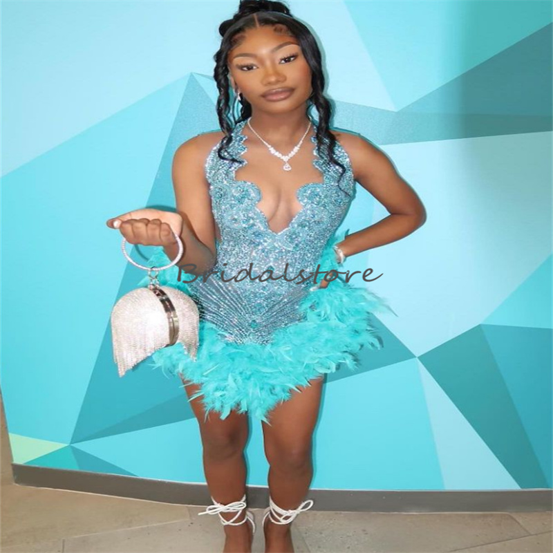 Sexy Blue Beaded Feather Prom Dress 2023 V Neck Sheath Short Cocktail Evening Dress Elegant Women Birthday Homecoming Graduation Vestidos De Noche Rob