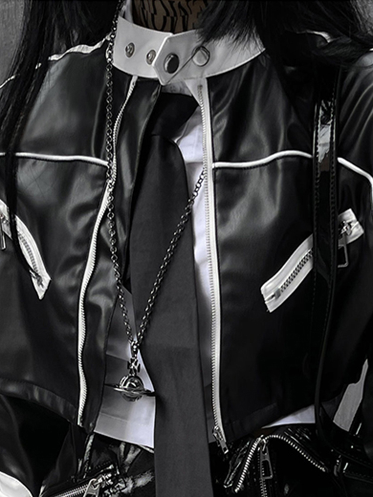 Women's Jackets Nerazzurri Spring Summer Short White and Black Patchwork Shiny Patent Leather Jacket Women Adult's Womens Pu Leather Cropped