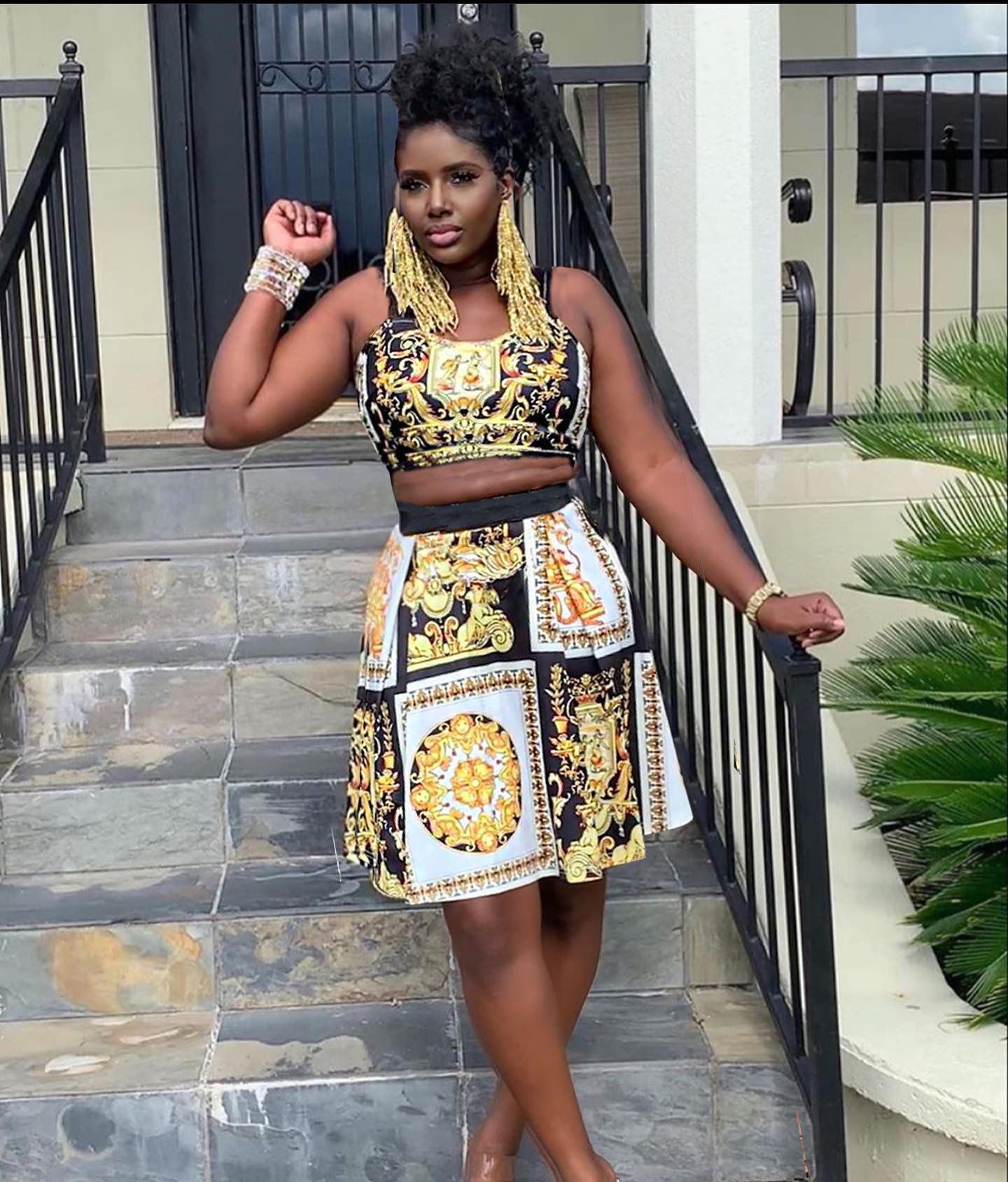 VAZN Summer Hollow Out Sexy Beach Vintage Georgette Outfits Strapless Top Maxi Pleated Skirts Slim Women 2 Piece Set