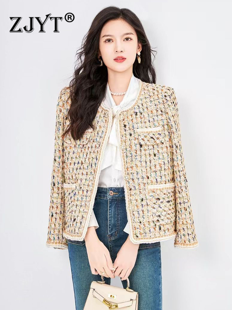 Women's Wool Blends ZJYT Elegant Ladies Vintage Tweed Woolen Jacket for Women Fashion Autumn Winter Coats O Neck Casual Outerwear Veste Femme 230
