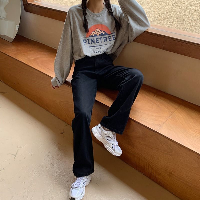 Women's Jeans Autumn Denim Back Women High Waist Loose Straight Pants Casual Female black Trousers Large Size Mom Long 230918