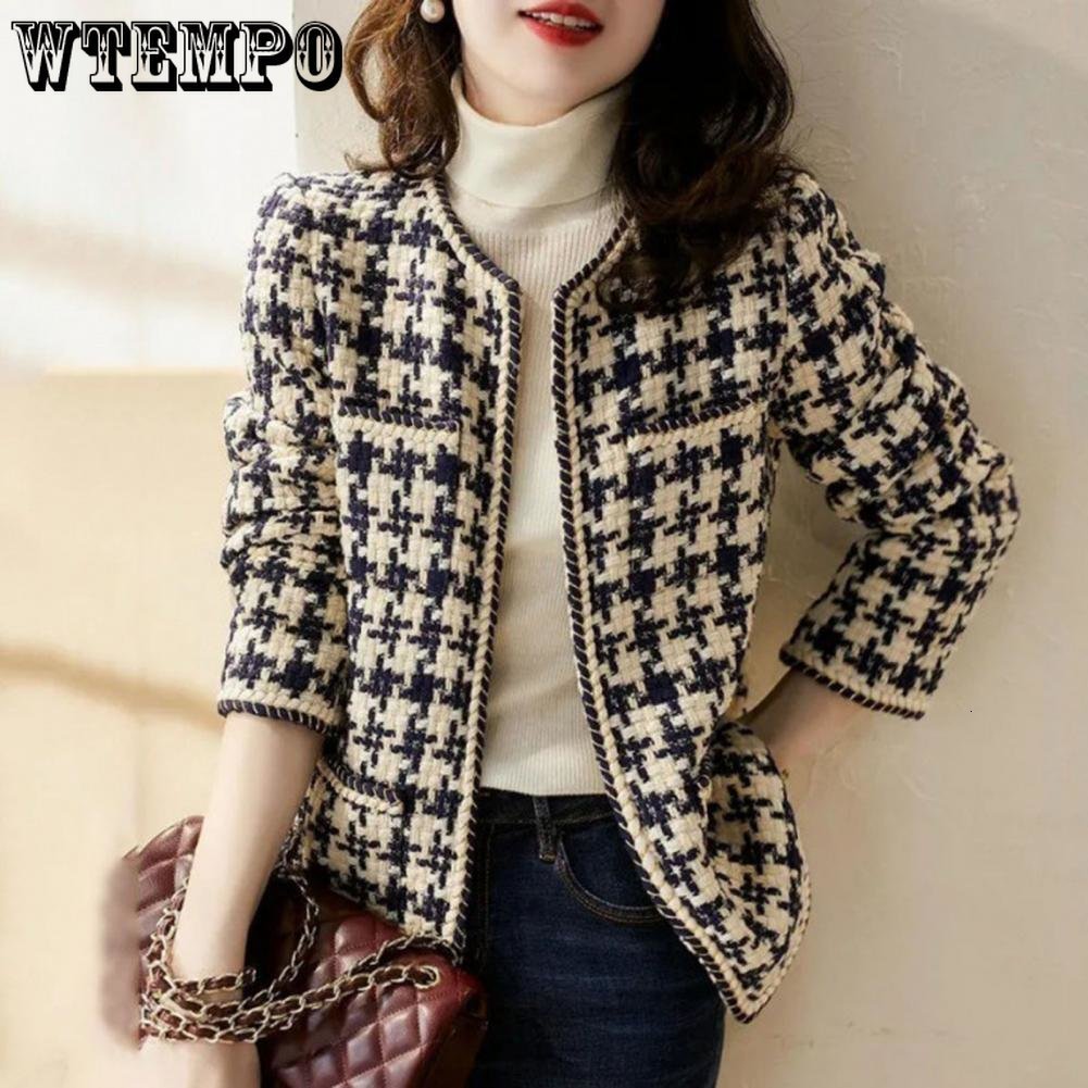 Women's Jackets WTEMPO Vintage Early Autumn Tweed Women Jacket Elegant Grid Lady Winter Cardigan Open Front Plaid Outwear 230919