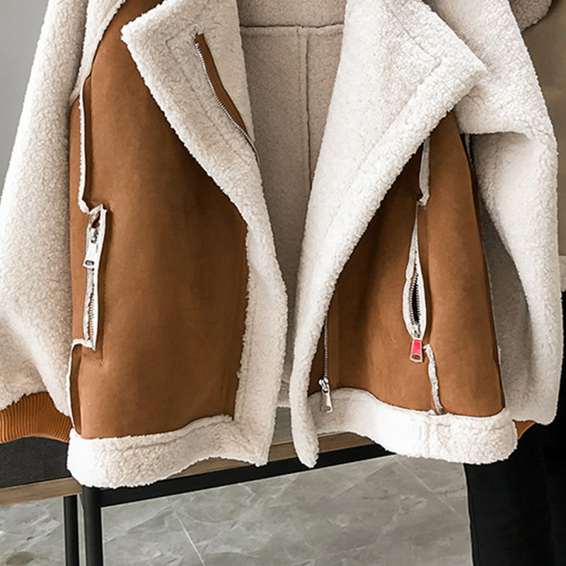 Women's Jackets Winter Loose Splice Contrast Biker Jacket Korean Brown Women Fleece Thicken Coat Vintage Large Size Casual Lapel Female Outwear 2