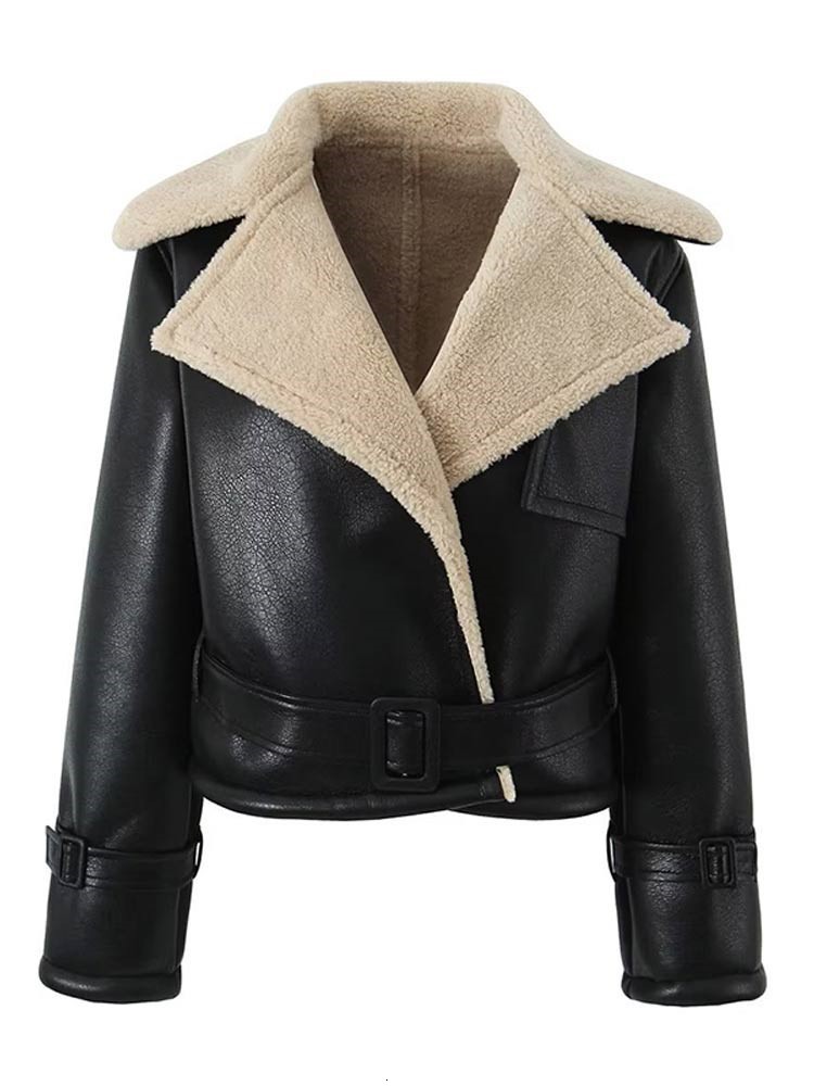 Faux Leather Jacket For Women - Stand Collar, Long Sleeve, Black Lace Up Short Jackets